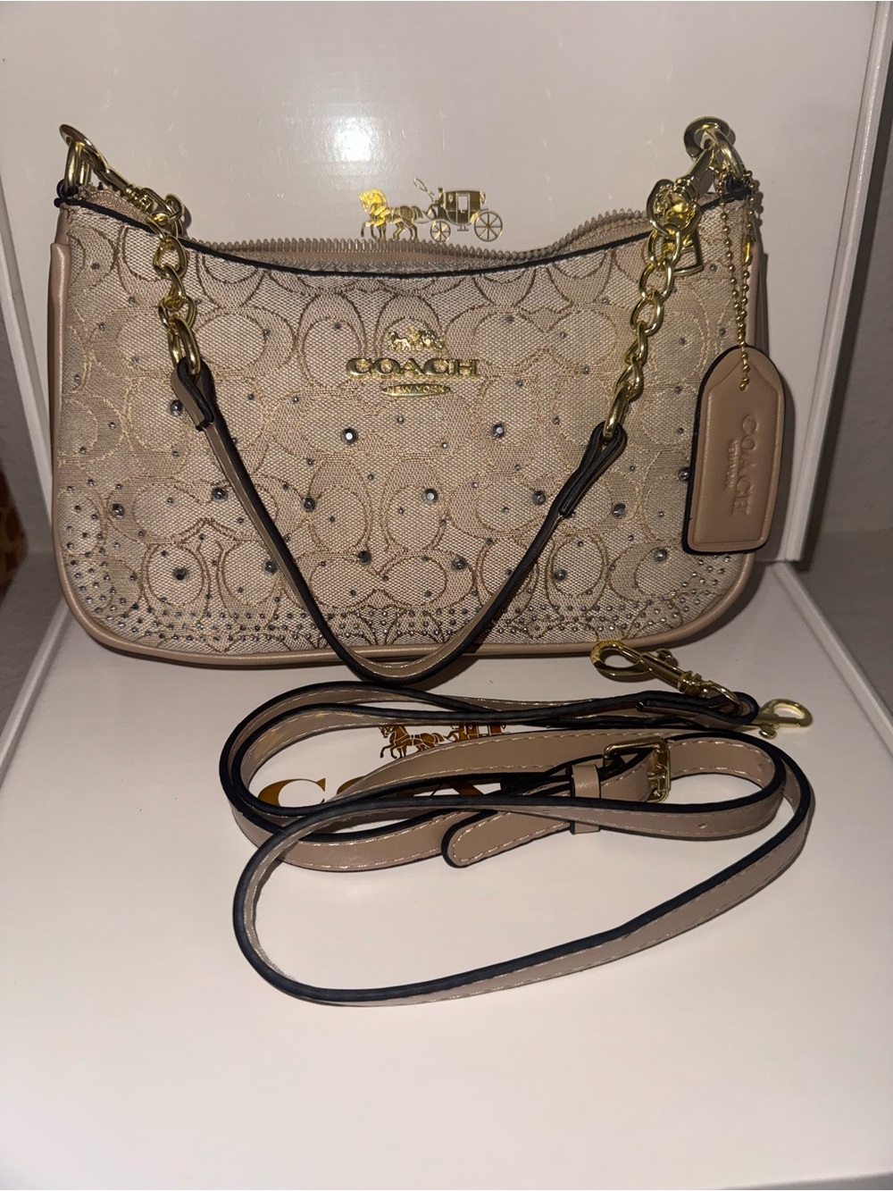 Coach Beige Signature Mini Shoulder Bag with Gold Hardware